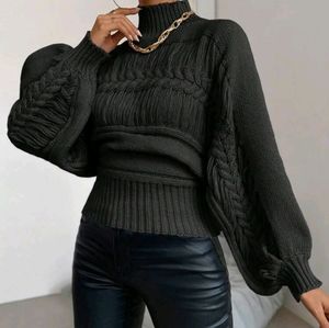 Luxe Mock Neck Cable Knit Lantern Sleeve Sweater Top